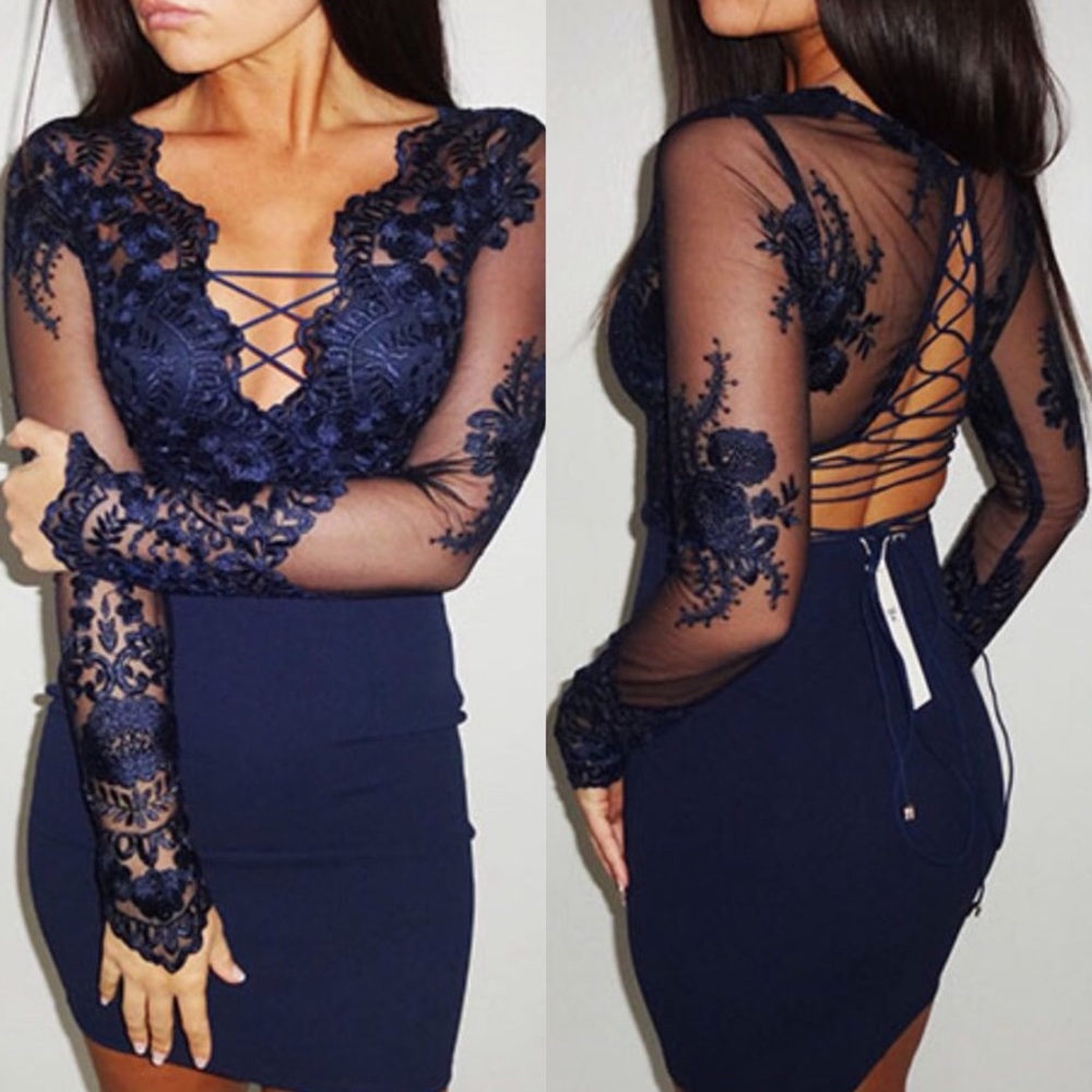 For Love and Lemons Dark Navy Blue Floral Sheer Lace Open Back Cocktail Dress XS